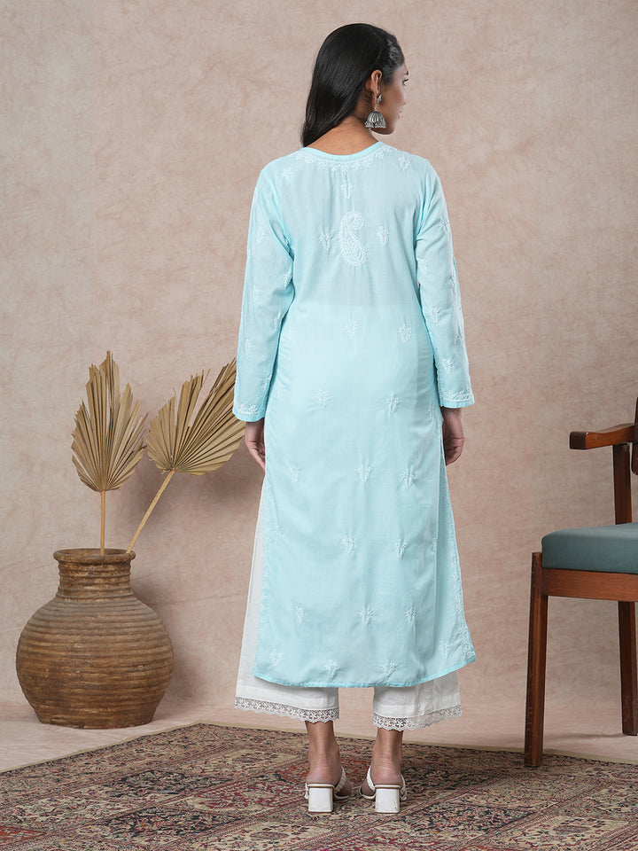 Hand Embroidered Lucknowi Chikankari sky Blue & White Cotton Kurta