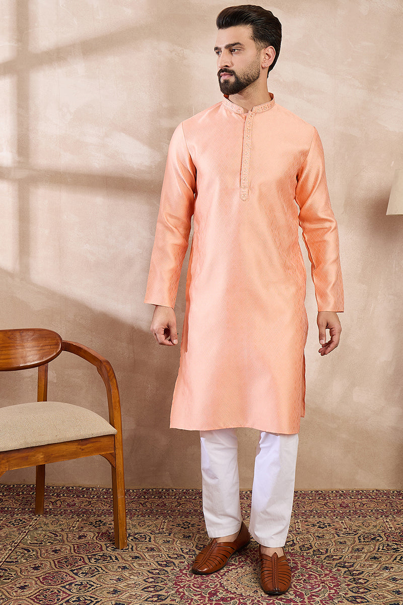 Mens Peach Silk Blend Solid Embroidered Straight Kurta