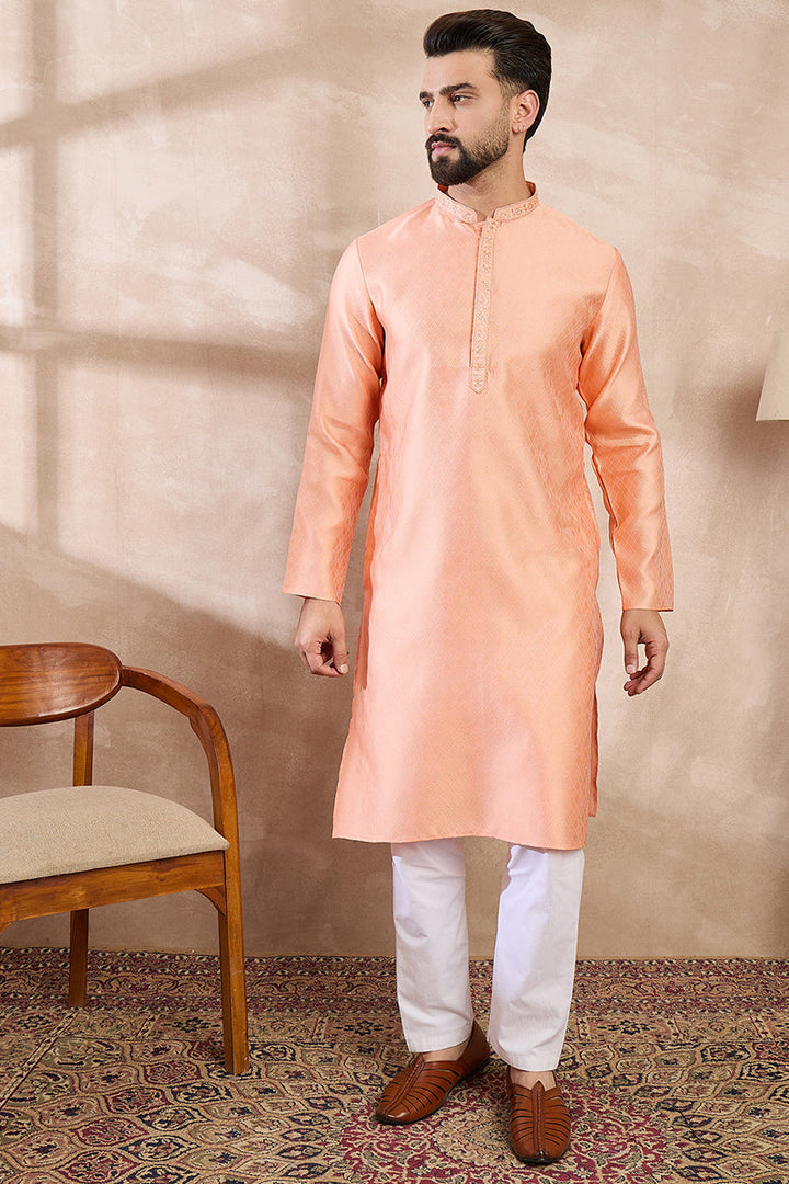 Mens Peach Silk Blend Solid Embroidered Straight Kurta