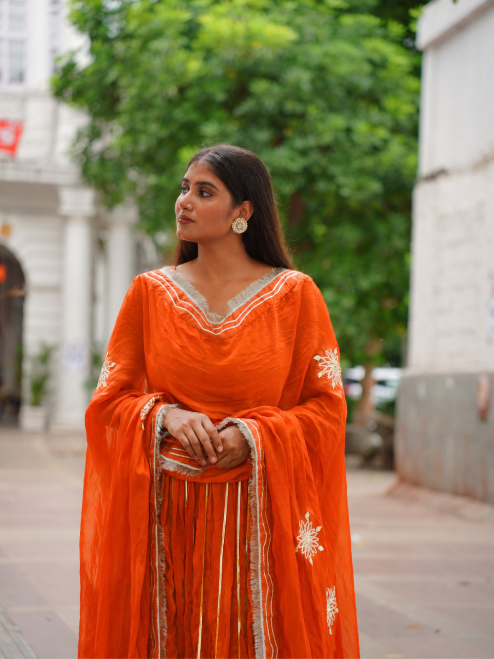 Orange Silk Sleeveless Lehenga Set
