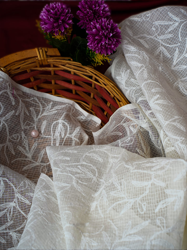 White Cotton Blend Embroidered Chikankari Kota Dupatta