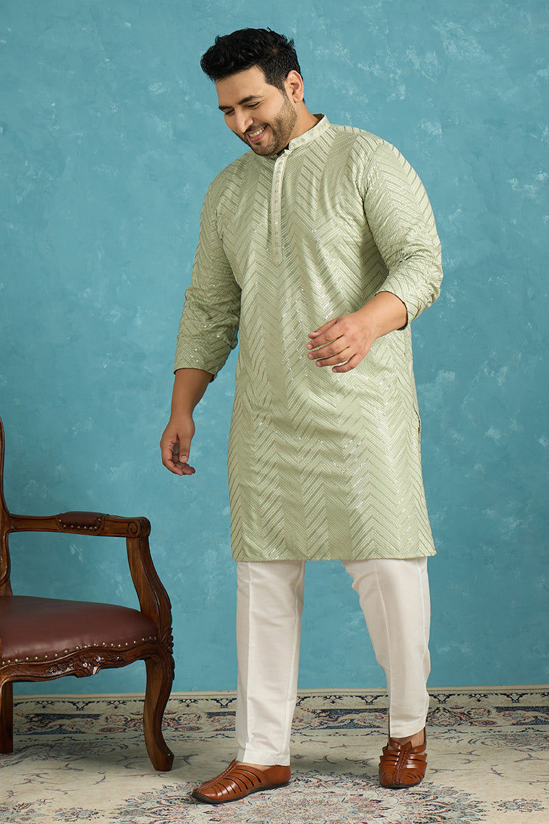Mens Green Viscose Rayon Solid Chikankari Embroidered Kurta