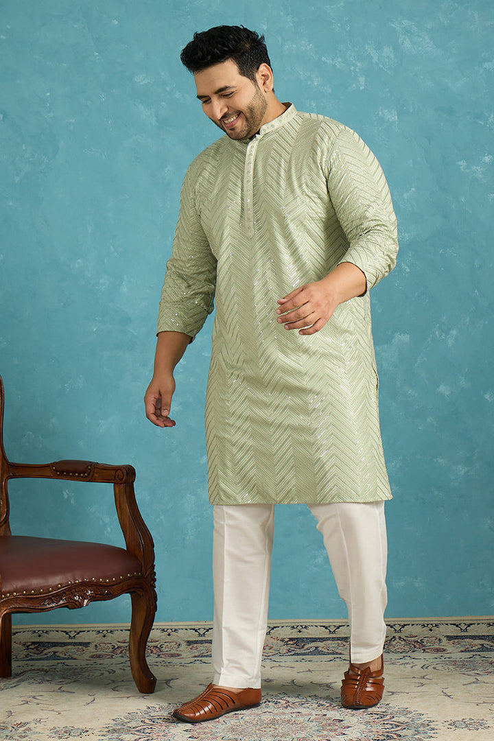 Mens Green Viscose Rayon Solid Chikankari Embroidered Kurta