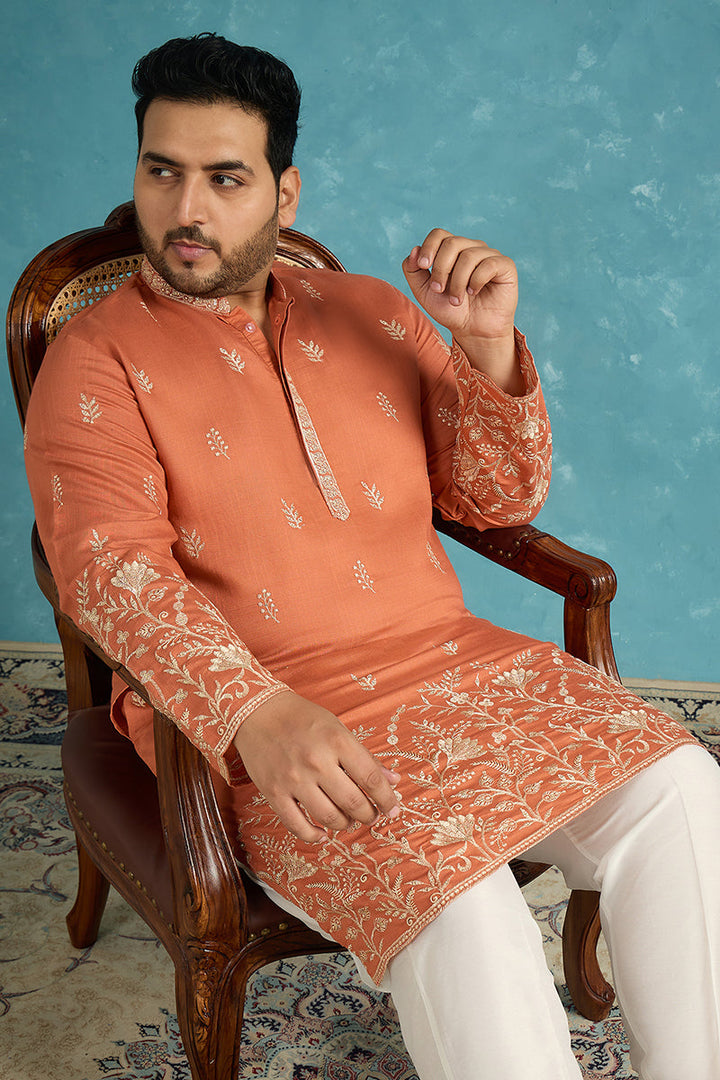 Mens Peach Silk Blend Solid Thread Work Embroidered Kurta