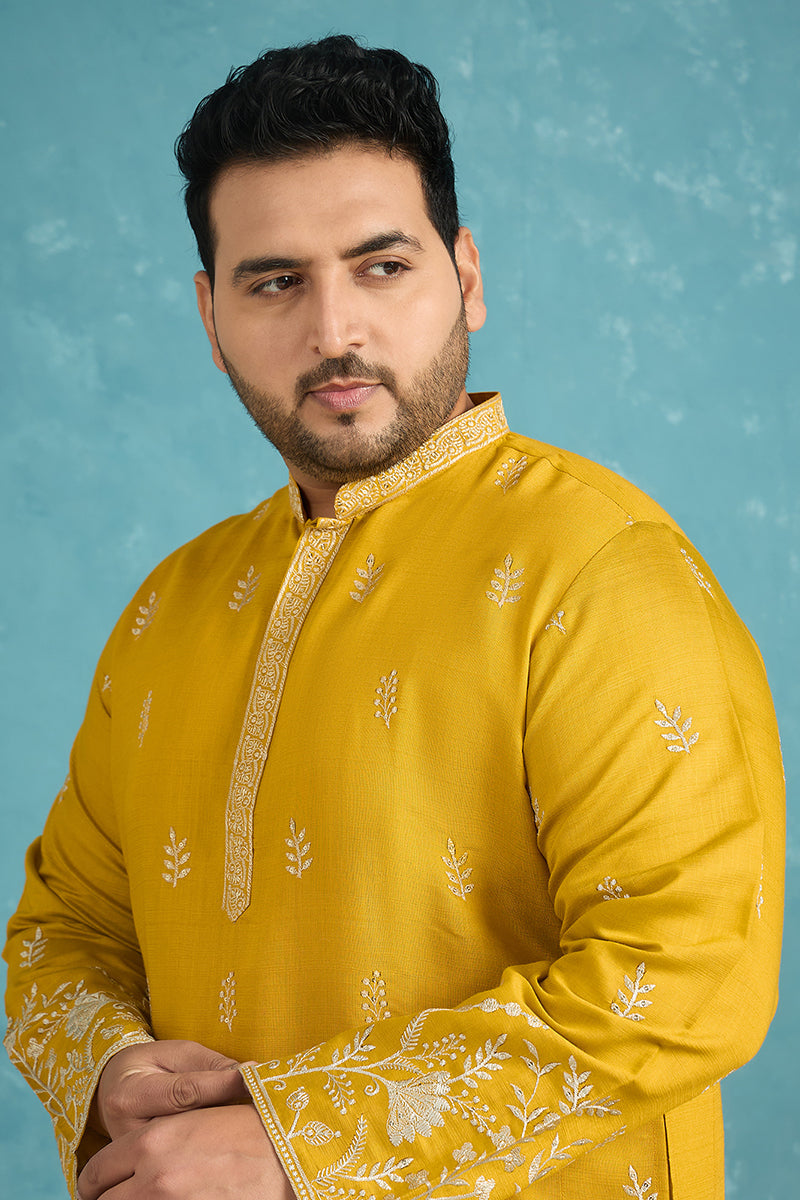 Mens Yellow Silk Blend Solid Thread Work Embroidered Kurta