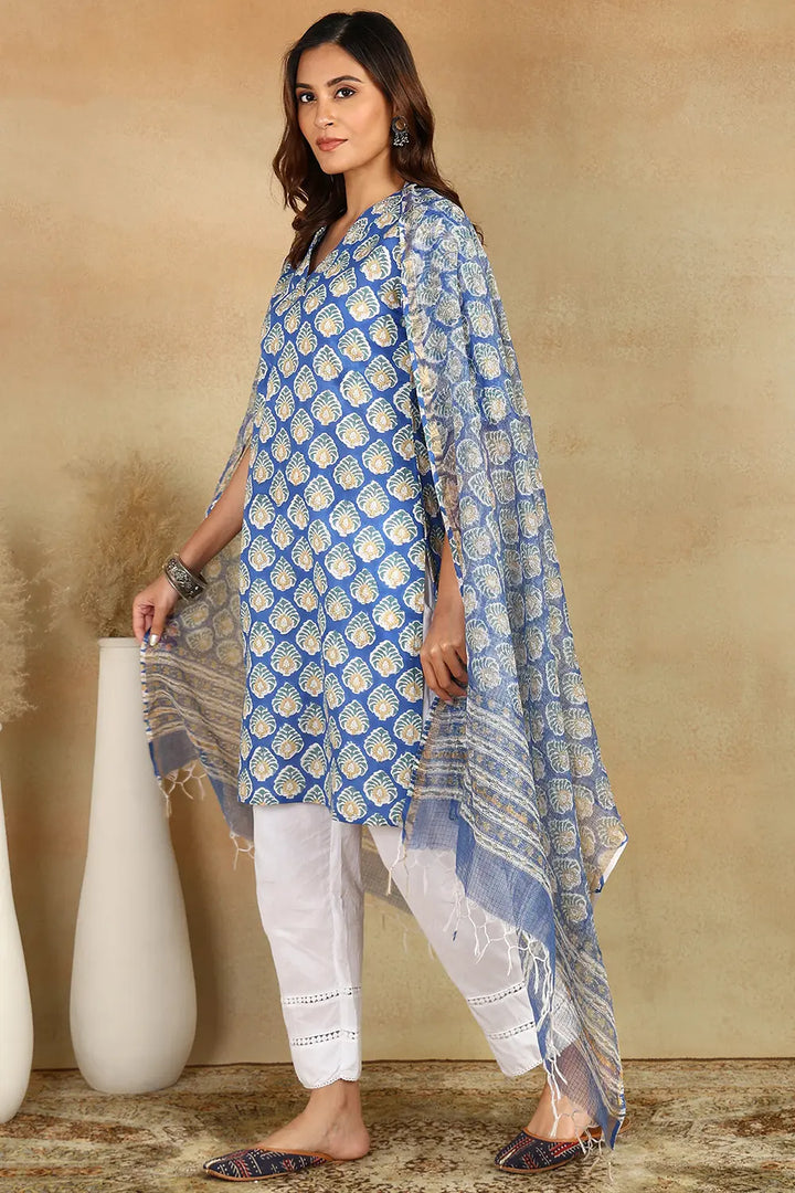 Blue-Cotton-Hand-Block-Printed-Sanganeri-Short-Kurta