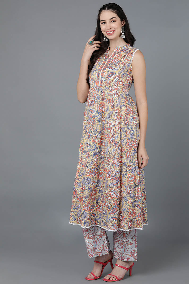 Yellow-Cotton-Flared-Kurta-Palazzo-With-Dupatta