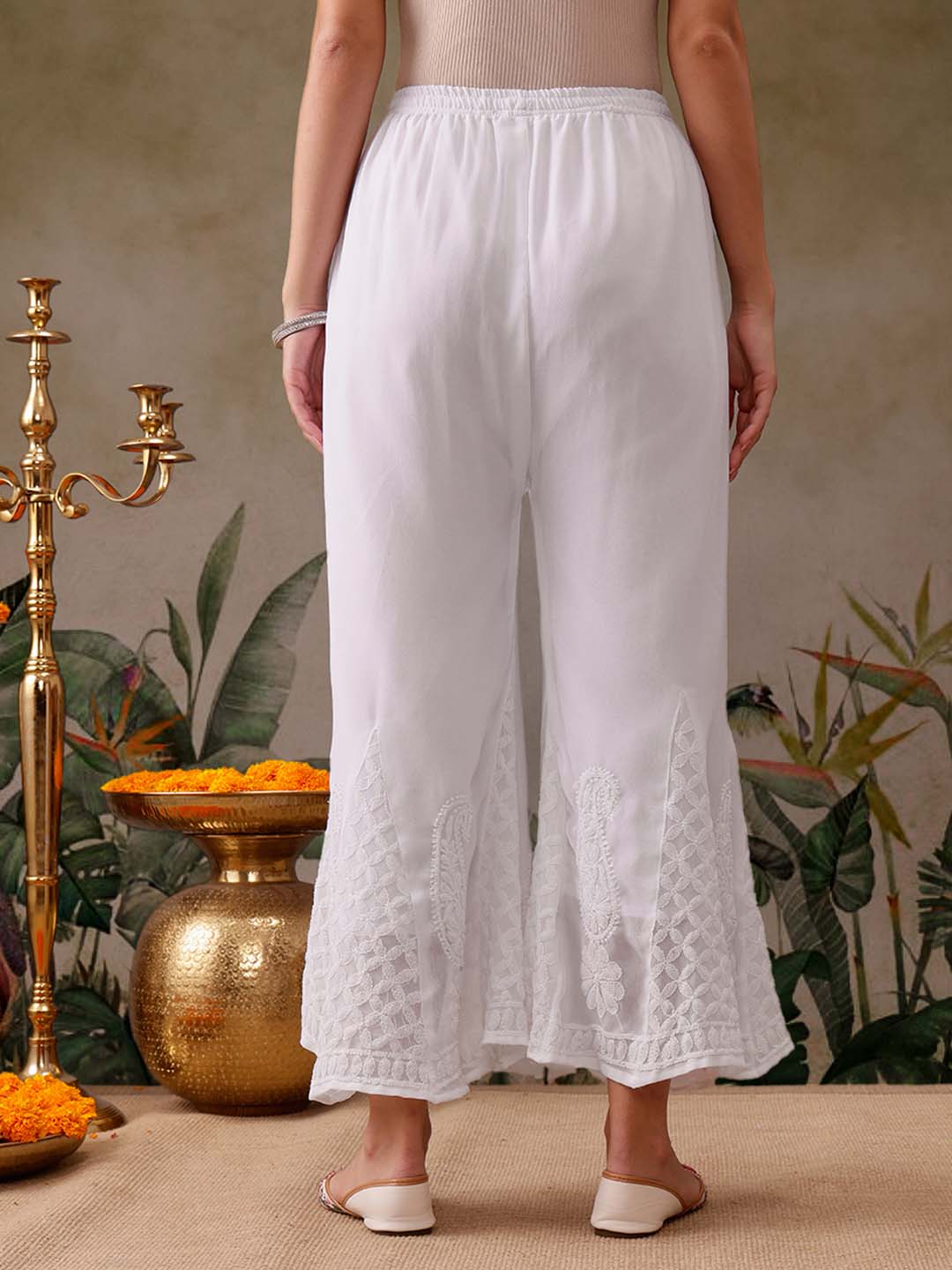 White Georgette Flared Chikankari Embroidered Palazzo