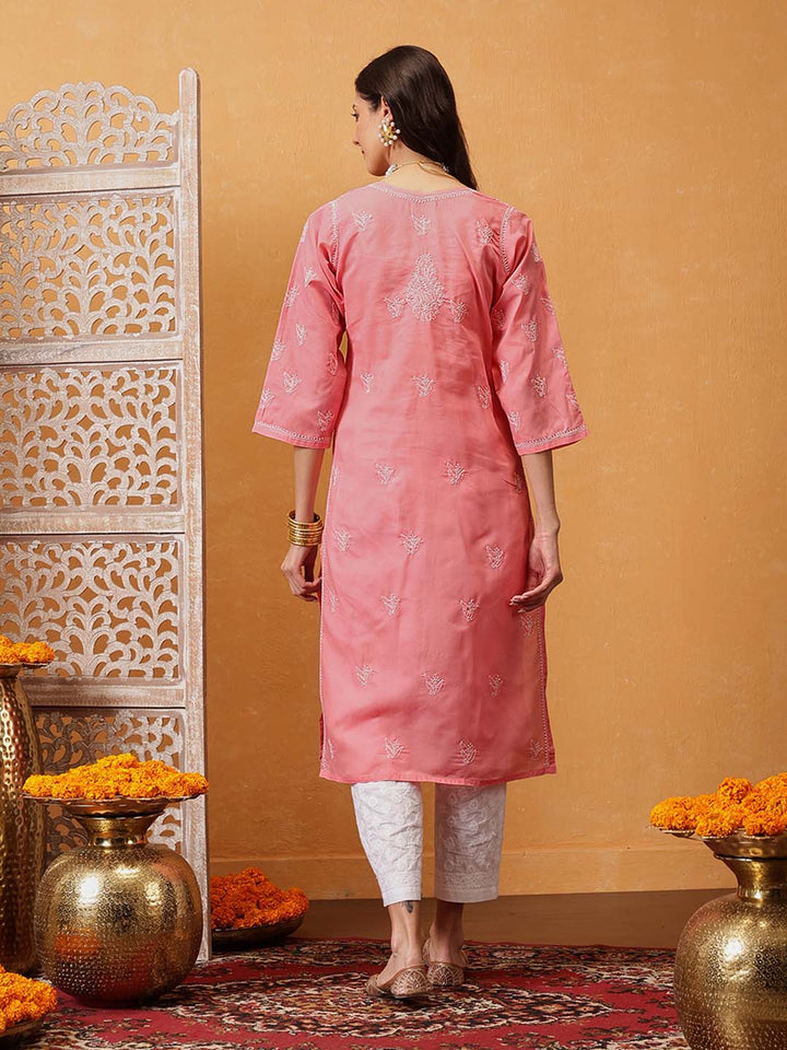 Hand Embroidered Peach Chikankari Kurta