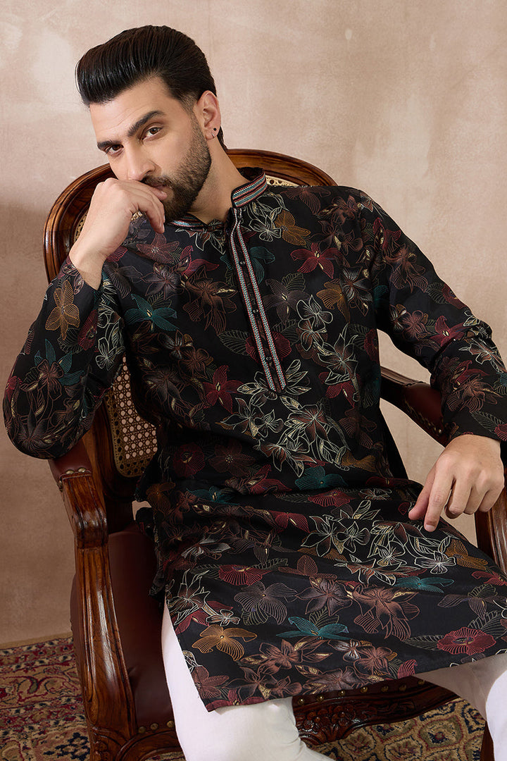 Mens Black Silk Blend Printed Mandarin Collar Straight Kurta