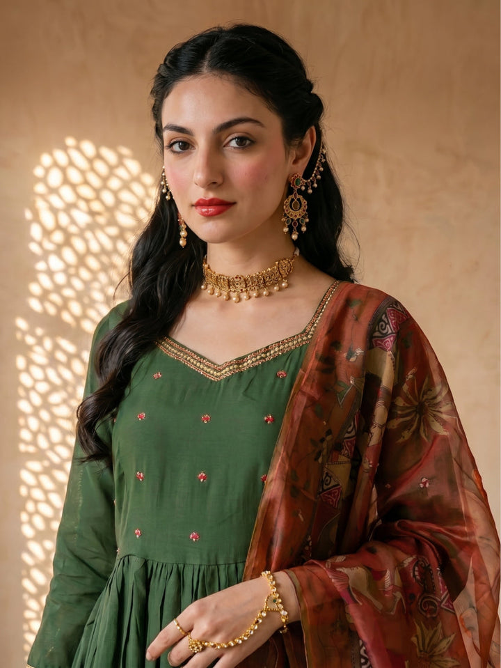 Green suit & pink kalamkari dupatta