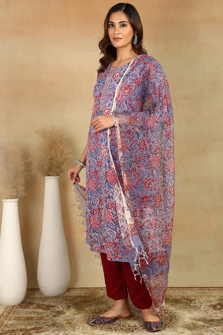 Lavender-&-Maroon-Cotton-Straight-Bagru-Kurta