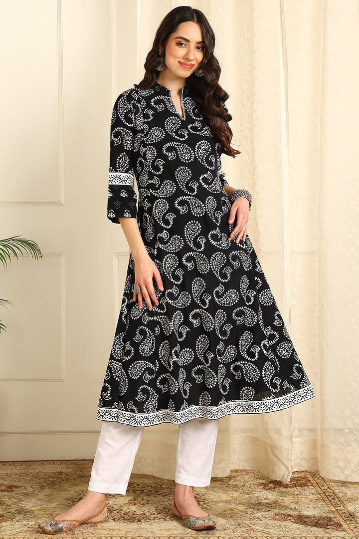 Black-&-White-Cotton-Printed-'A'-Line-Bagru-Kurta