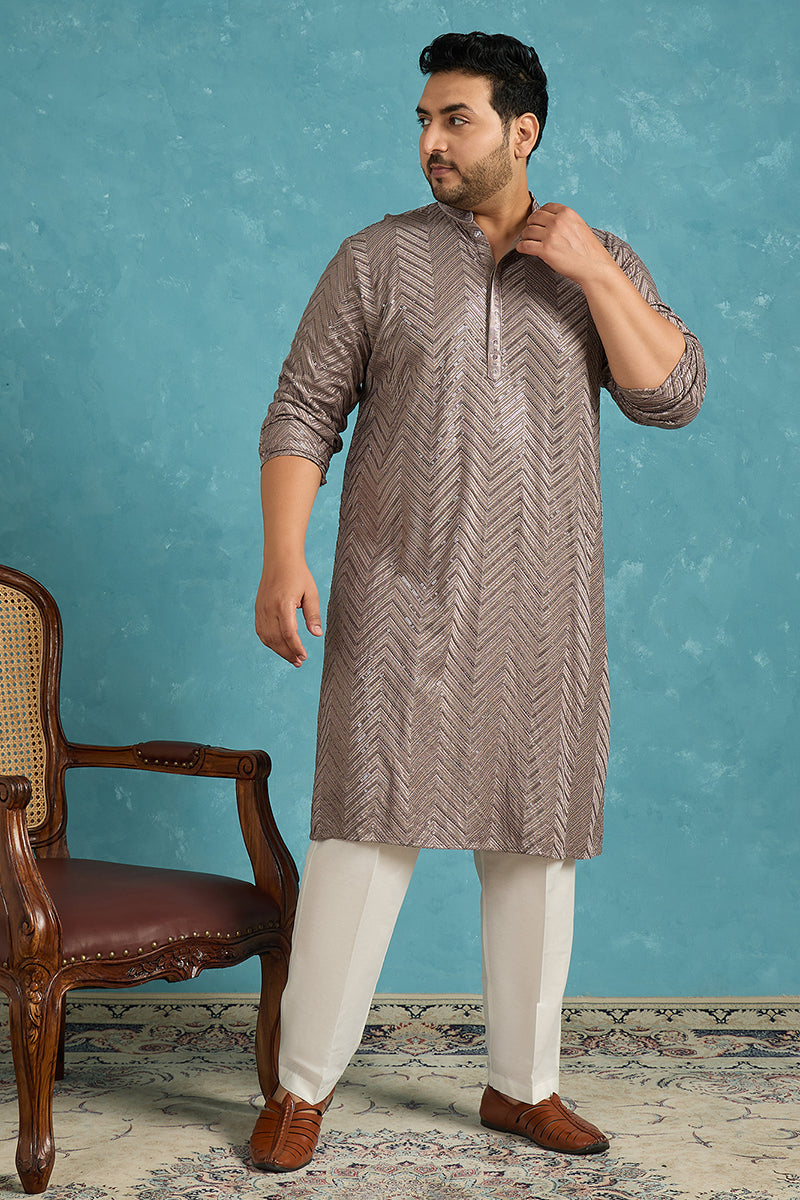 Mens Grey Viscose Rayon Solid Thread Work Embroidered Kurta