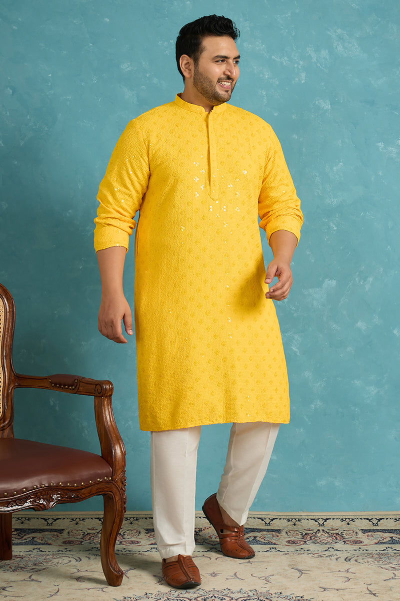 Mens Mustard Viscose Rayon Solid Chikankari Embroidered Kurta