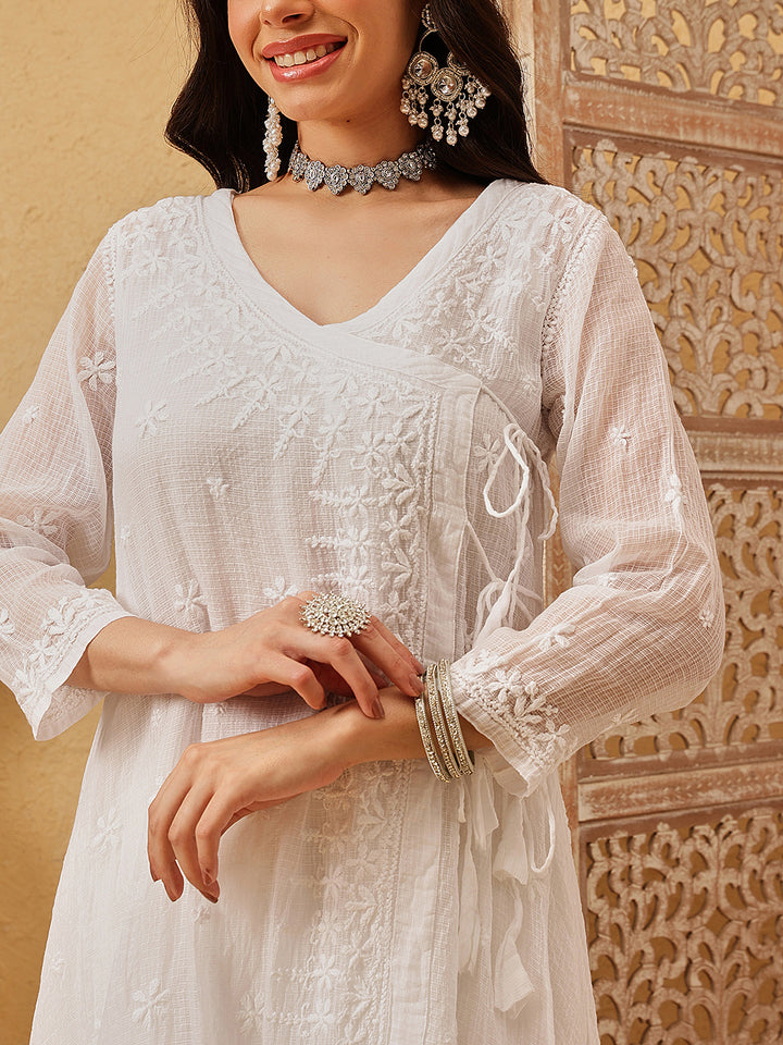 Hand Embroidered Lucknowi Chikankari White Kota Kurta With Slip
