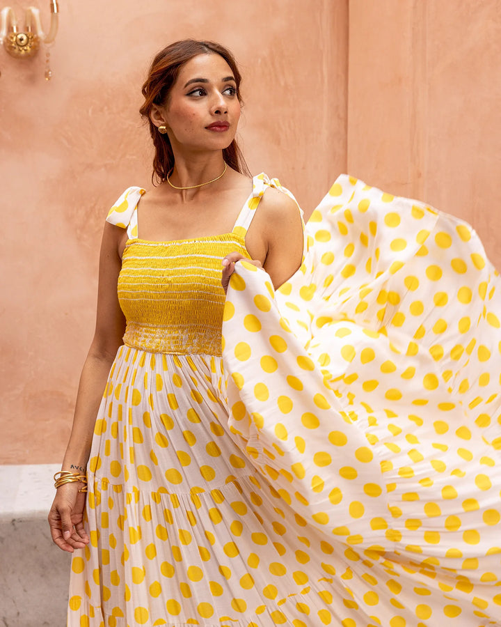 Yellow-Rayon-Smocked-&-Polka-Maxi-Dress