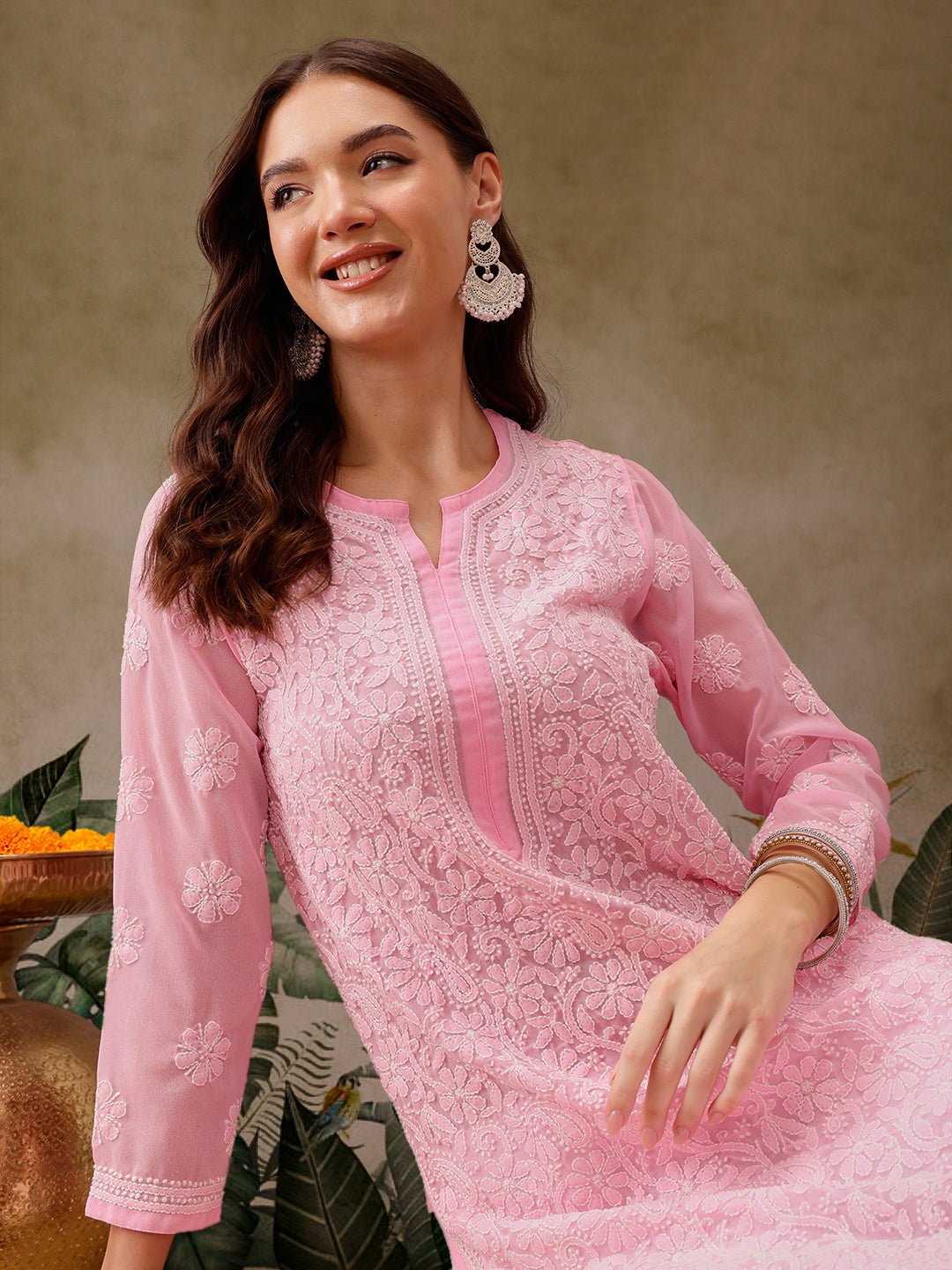 Baby Pink Faux Georgette Chikan Kurti