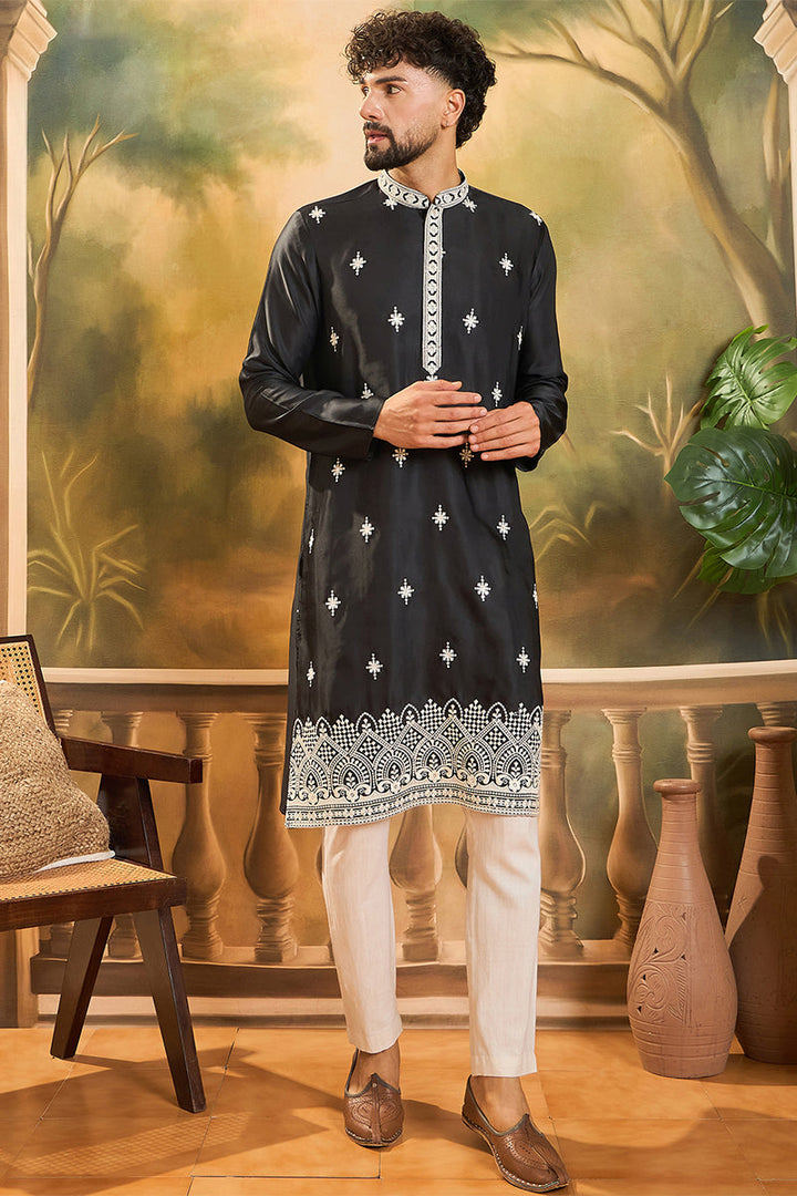 Mens Black Silk Blend Solid Embroidered Straight Kurta