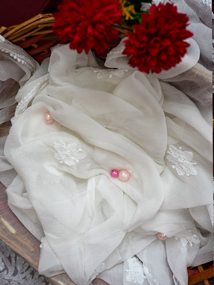 White Chiffon Ethnic Motifs Embroidered Chikankari Dupatta