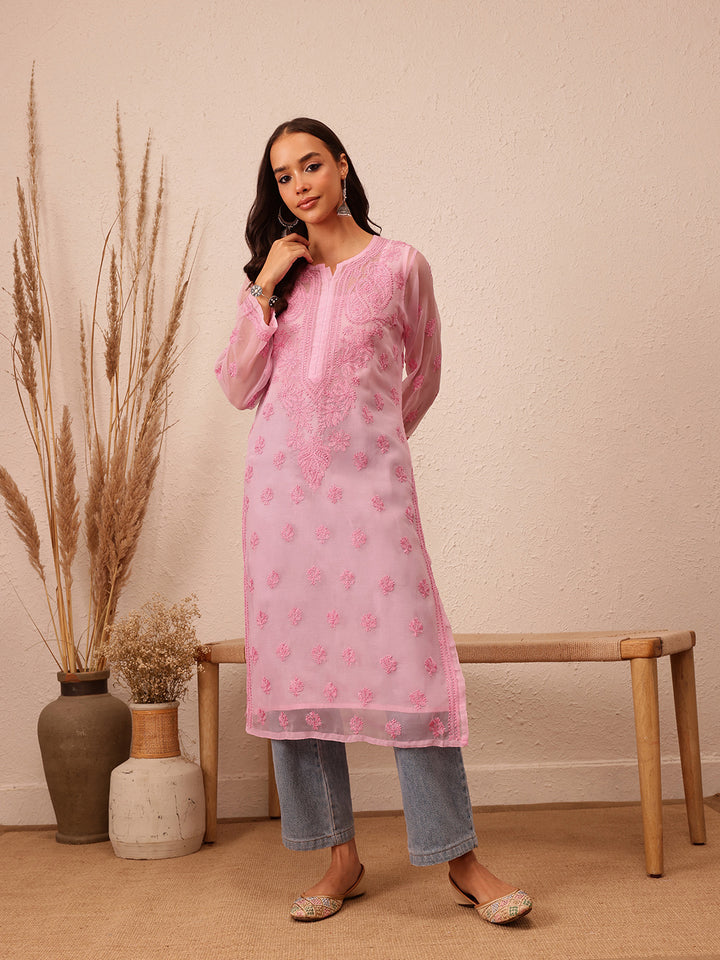 Embroidered Pink Chikankari Kurta With Slip