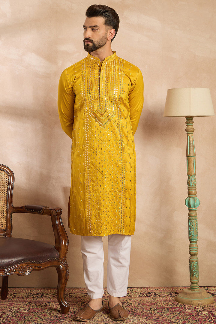 Mens Yellow Silk Blend Geometric Embroidered Straight Kurta