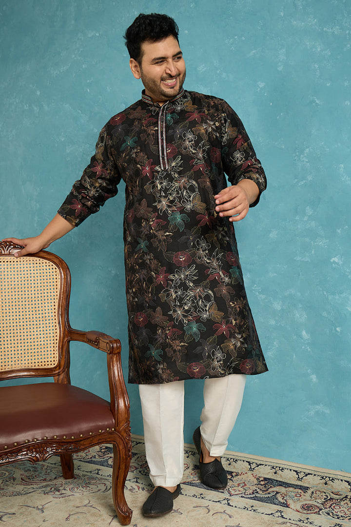 Mens Black Silk Blend Floral Printed Kurta