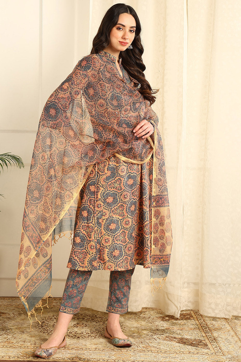 Powder-Blue-&-Beige-Kota-Doria-Printed-Dupatta