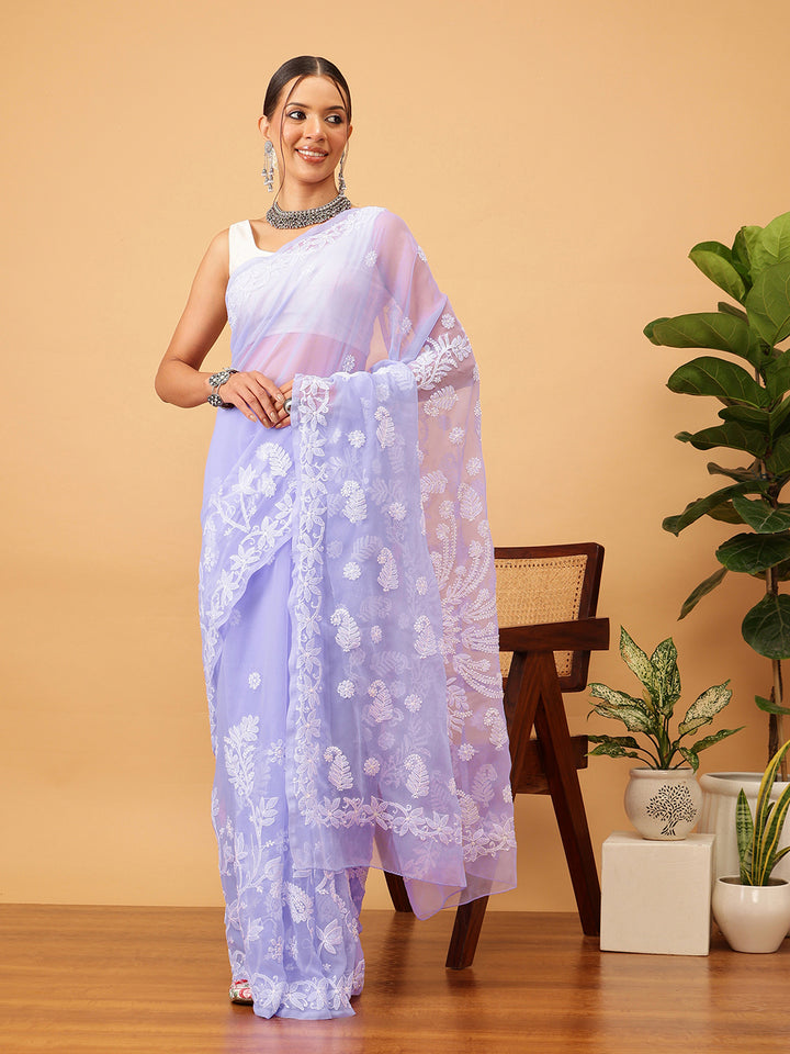 Mauve Poly Georgette Embroidered Chikankari Saree