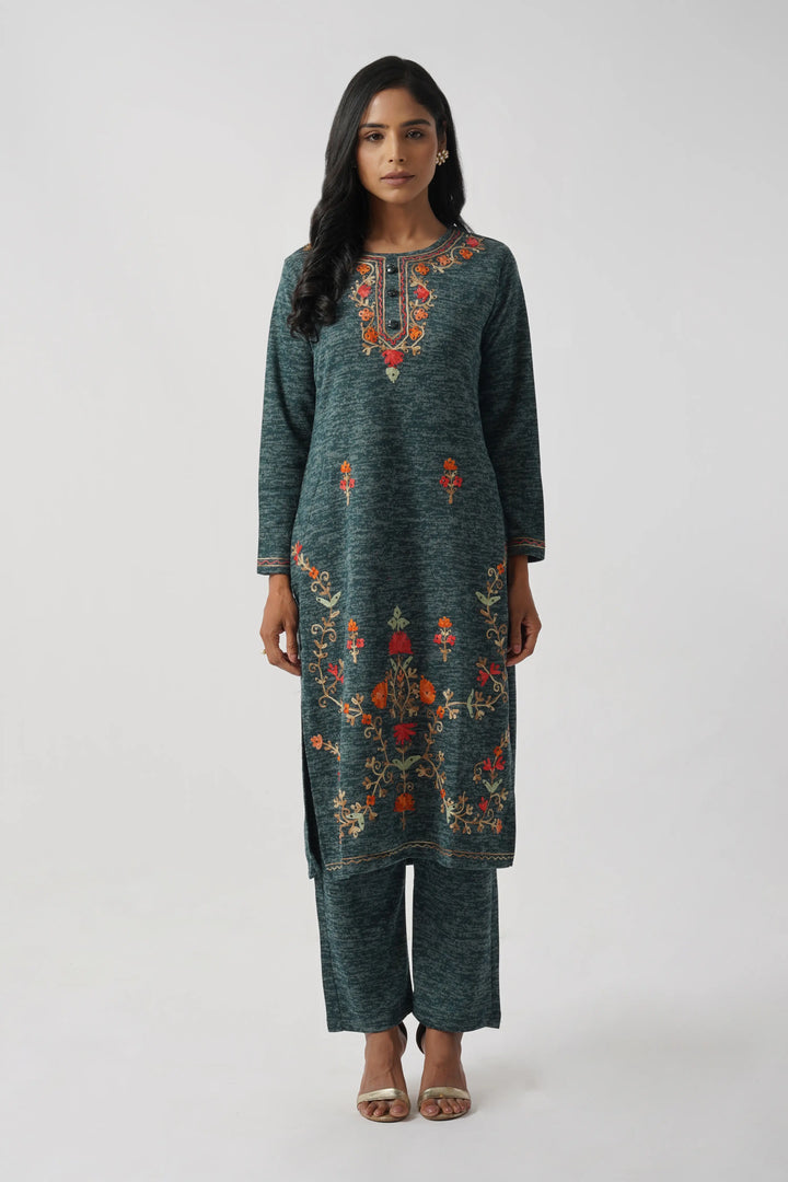 Azure Blue Karachi Wool Hand Embroidery Suit Set