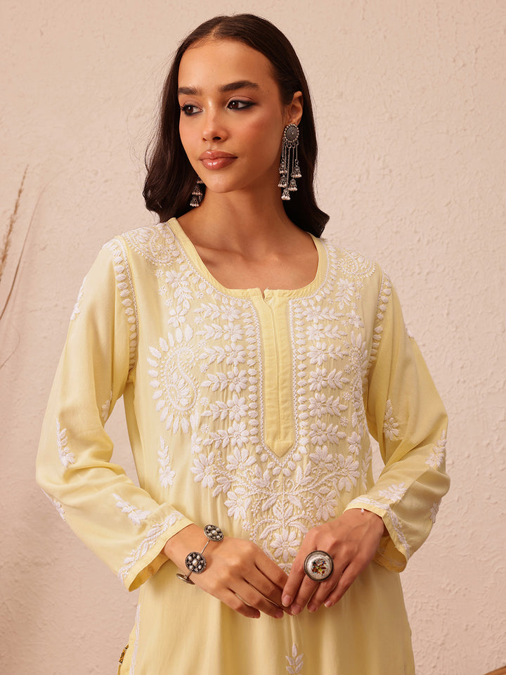 Yellow & White Rayon Embroidered Chikankari Kurta