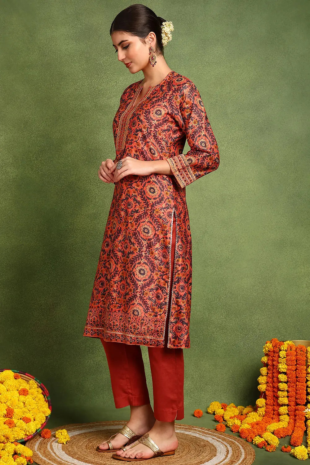 Rust-Chanderi-Silk-Hand-Embroidered-Kurta