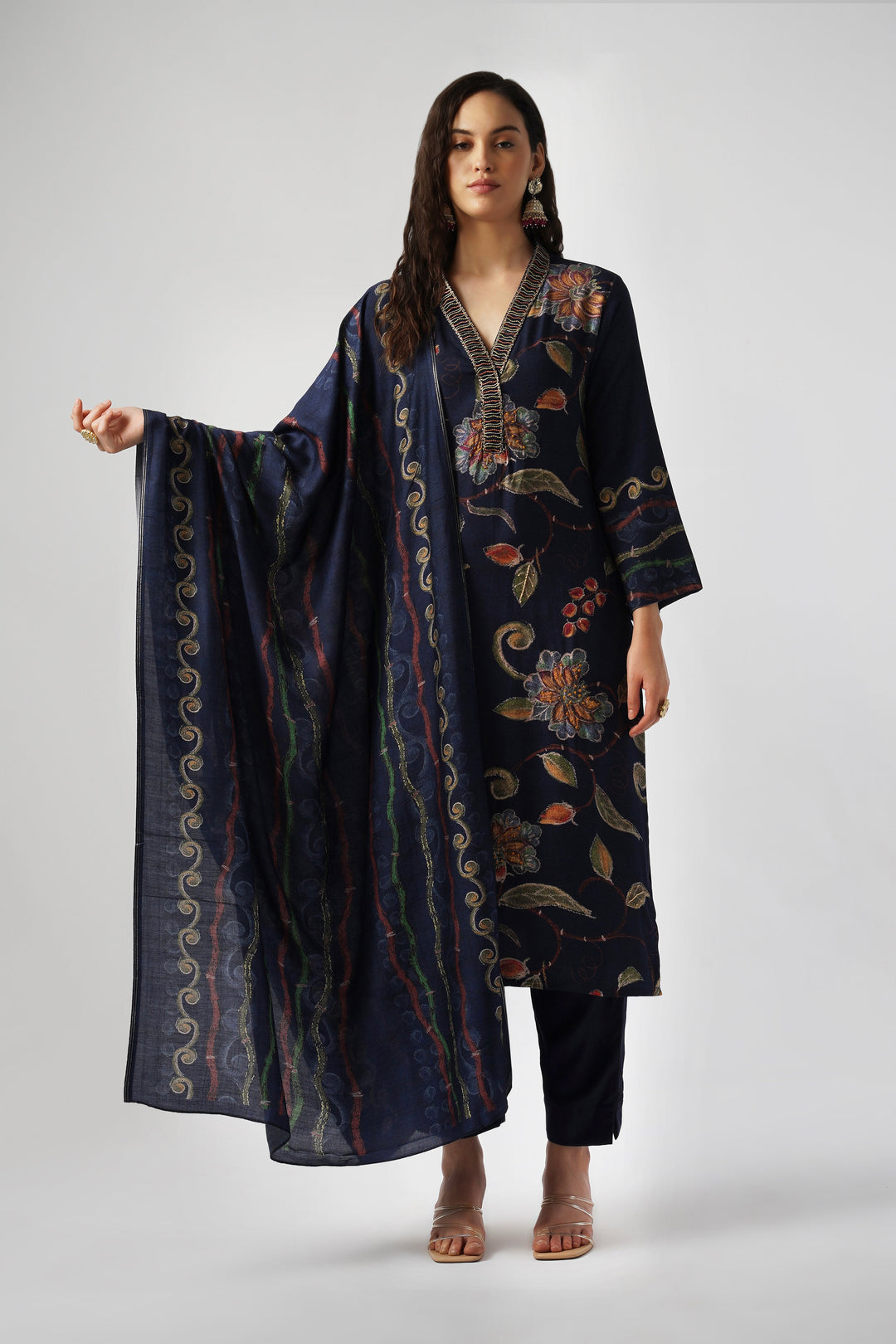 Midnight Blue Pure Pashmina Wool Designer Suit Set