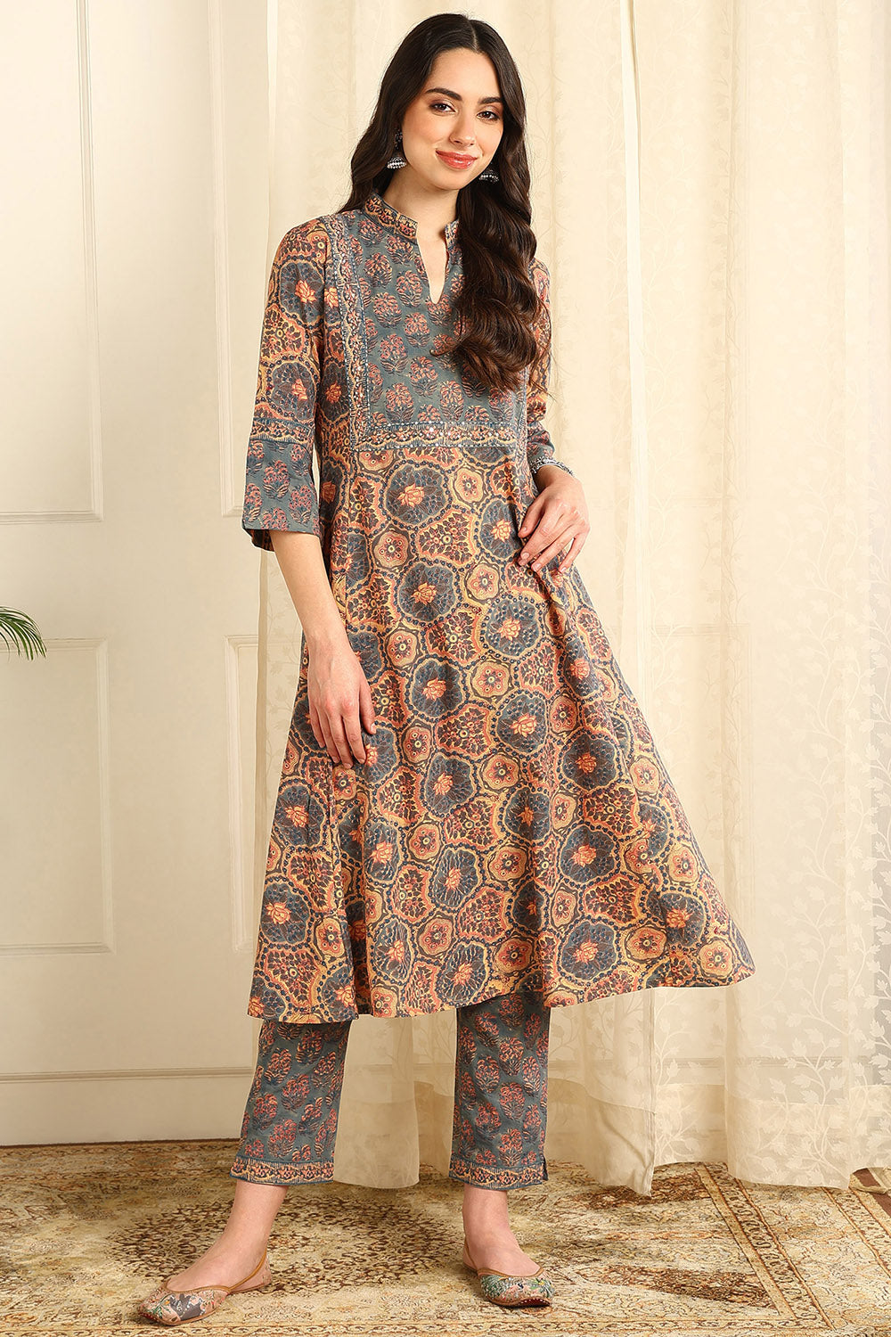 Powder-Blue-&-Beige-Cotton-A-Line-Kurta