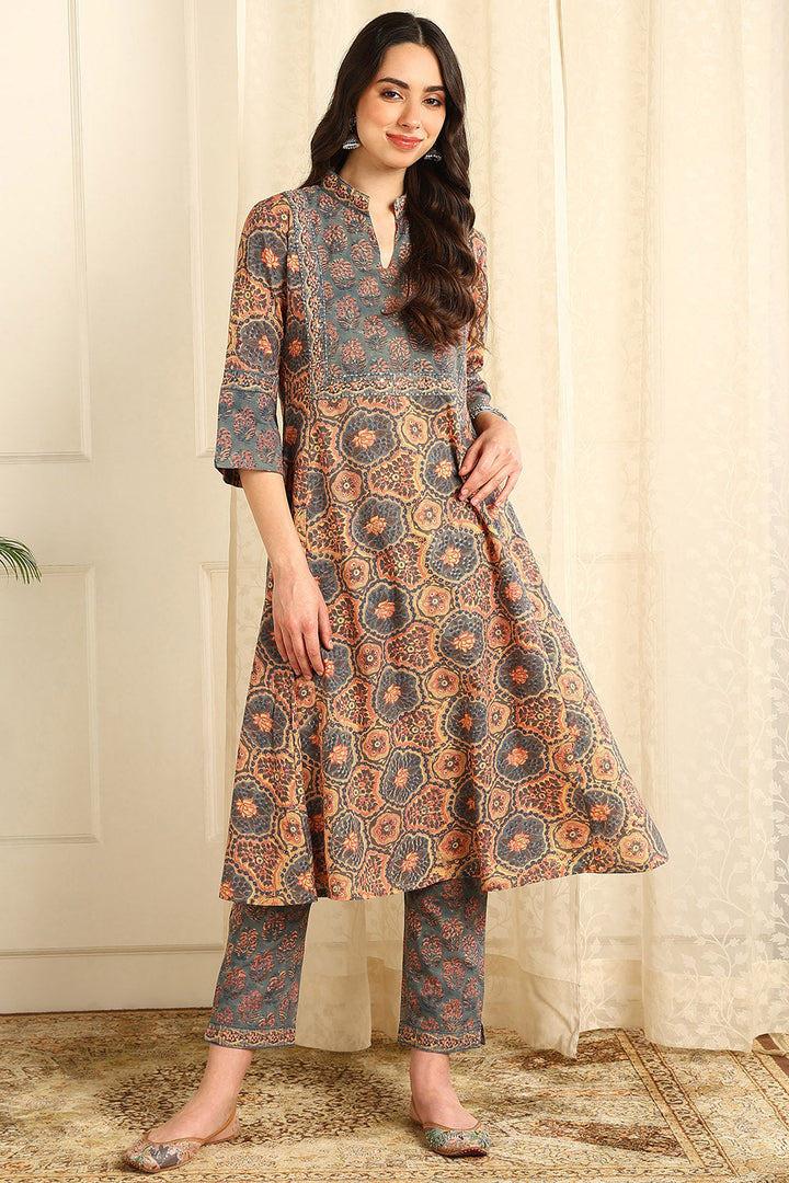 Powder-Blue-&-Beige-Cotton-A-Line-Kurta