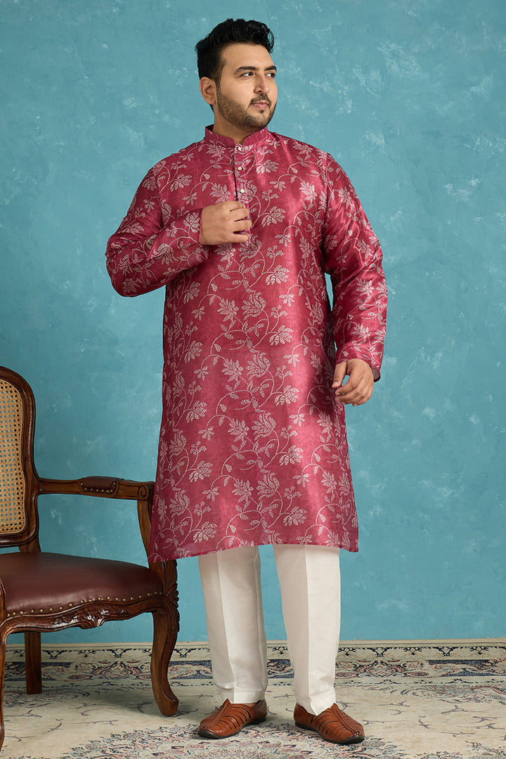 Mens Maroon Silk Blend Floral Printed Kurta