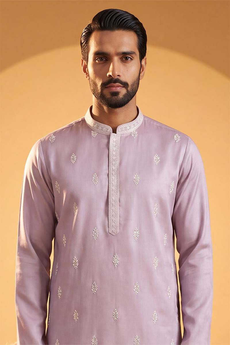 Mens Lavender Silk Blend Solid Embroidered Kurta