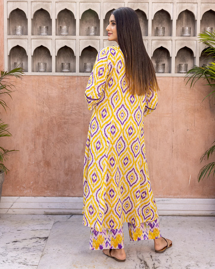 Yellow-Cotton-Ikat-A-Line-2-Piece-Kurta-Set