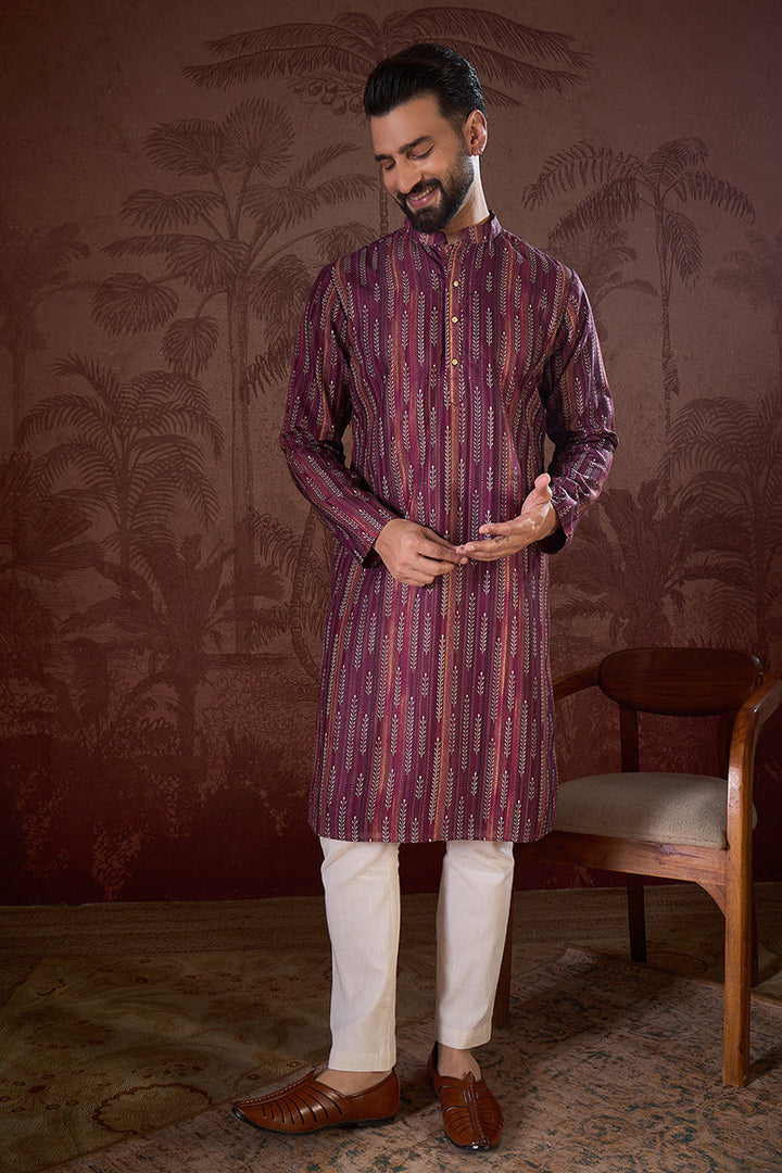 Mens Purple Silk Blend Striped Printed Straight Kurta