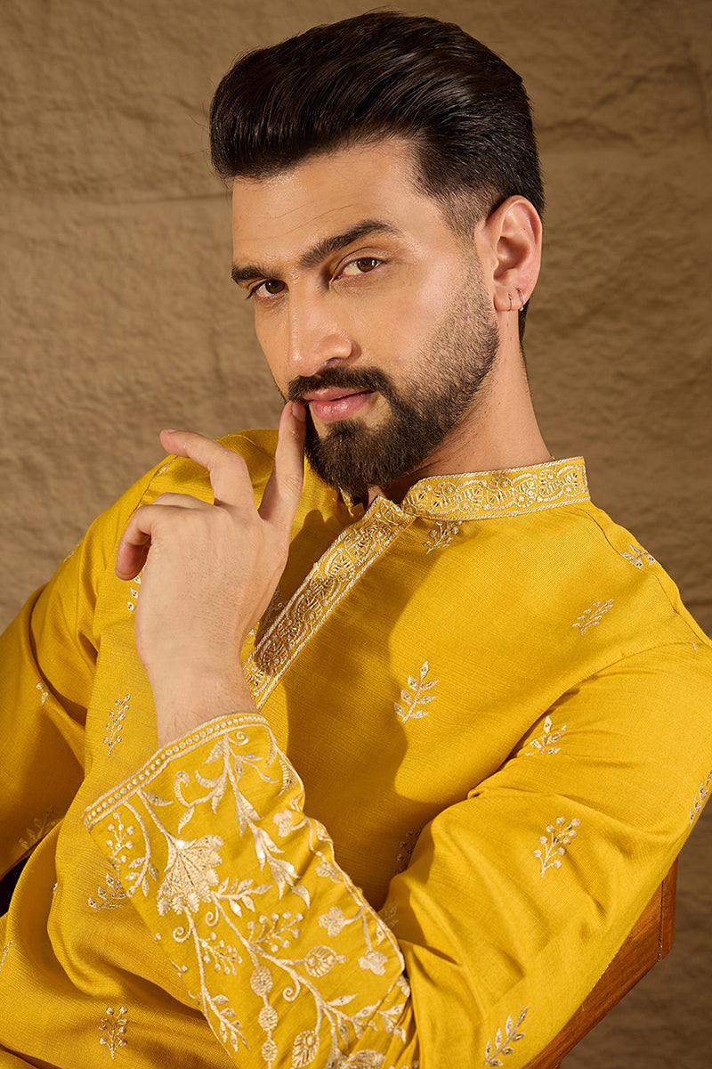 Mens Yellow Vertican Solid Embroidered Straight Kurta