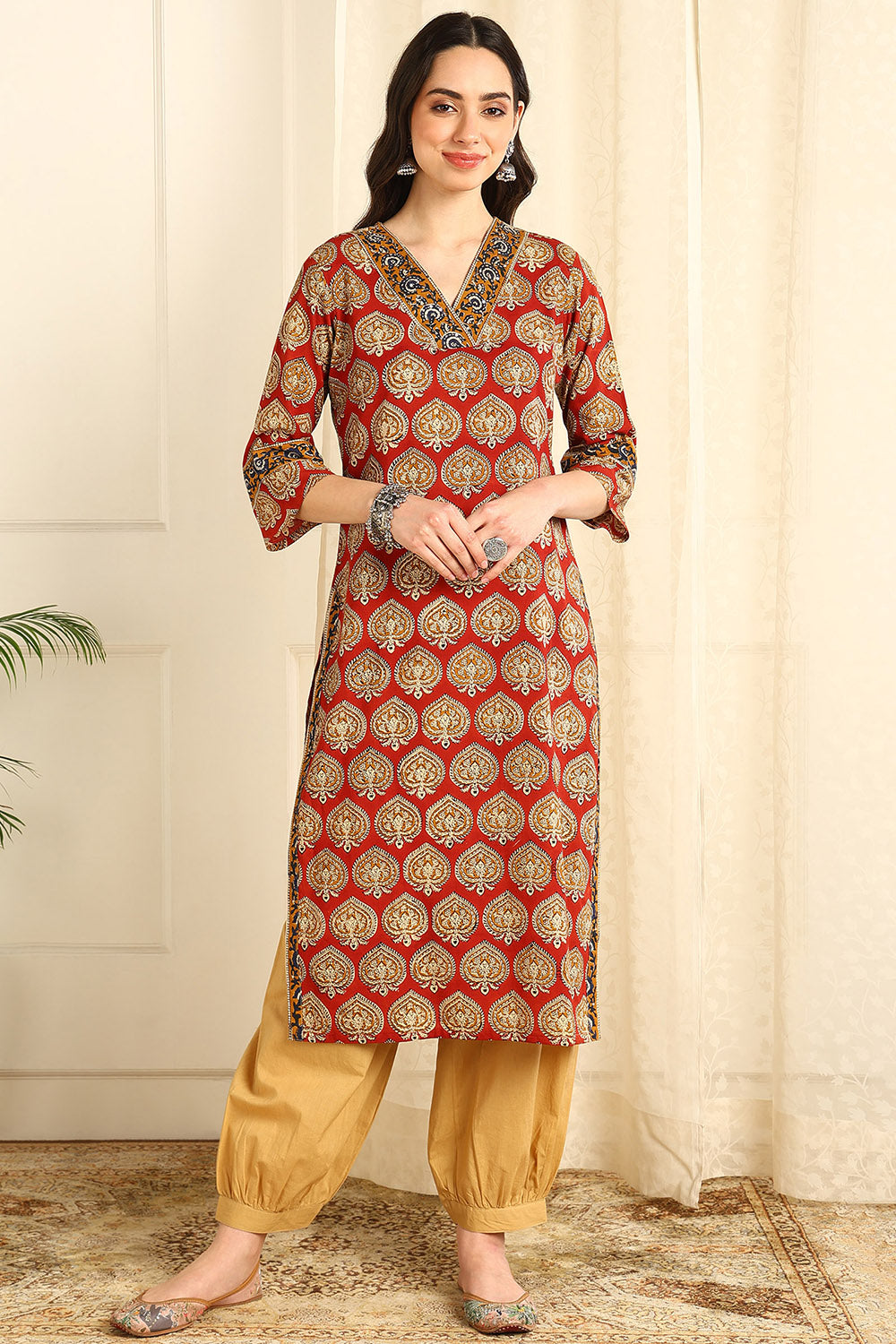 Maroon-Cotton-Straight-Bagru-Kurta