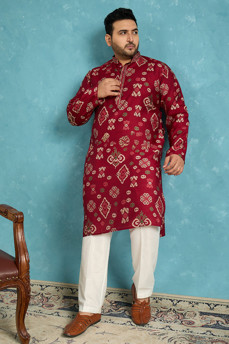 Mens Red Silk Blend Abstract Printed Kurta