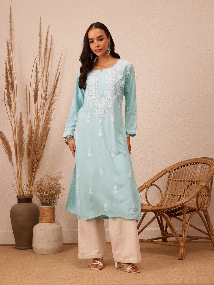 Sky Blue Rayon Chikankari Motif Straight Kurta