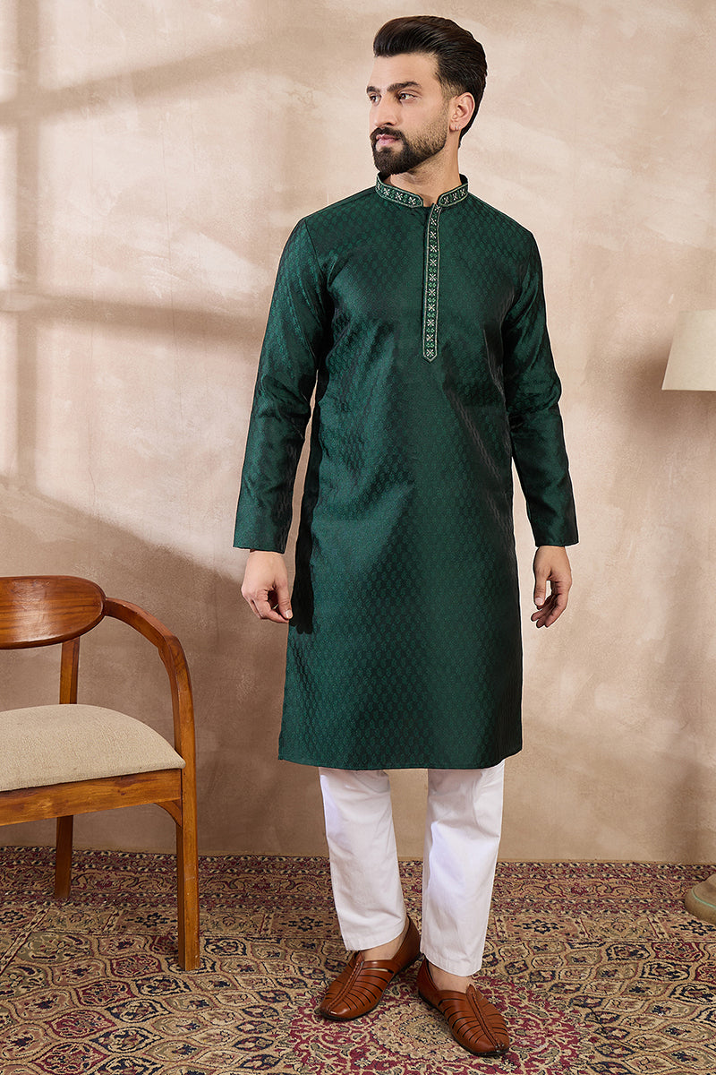 Mens Green Silk Blend Solid Woven Design Straight Kurta