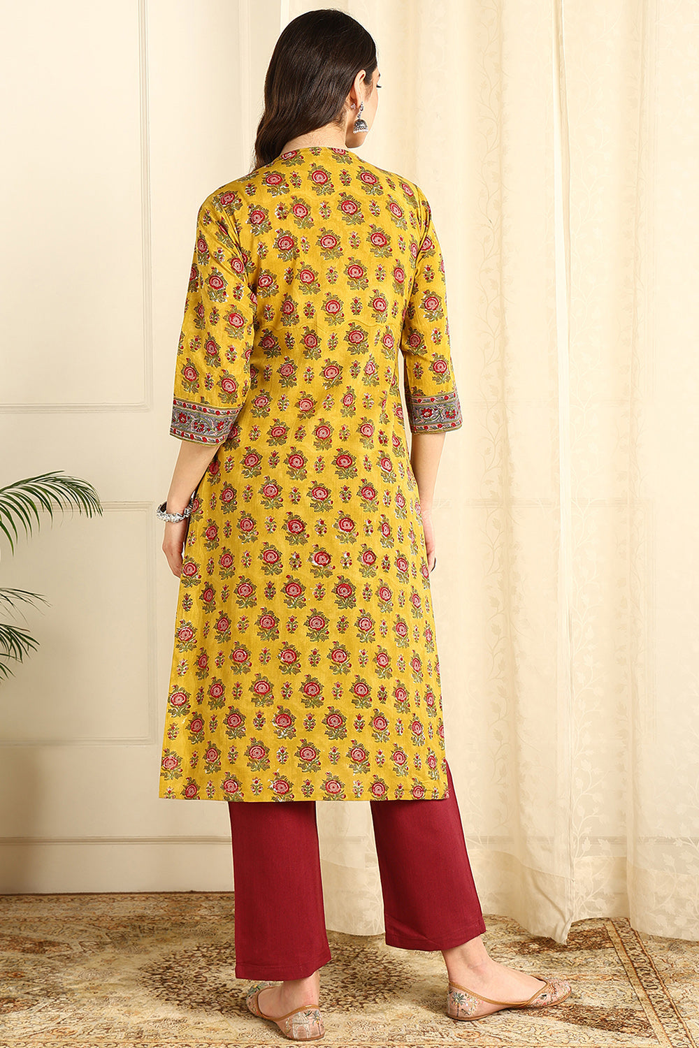 Mustard-Yellow-Cotton-Printed-Straight-Sanganeri-Kurta