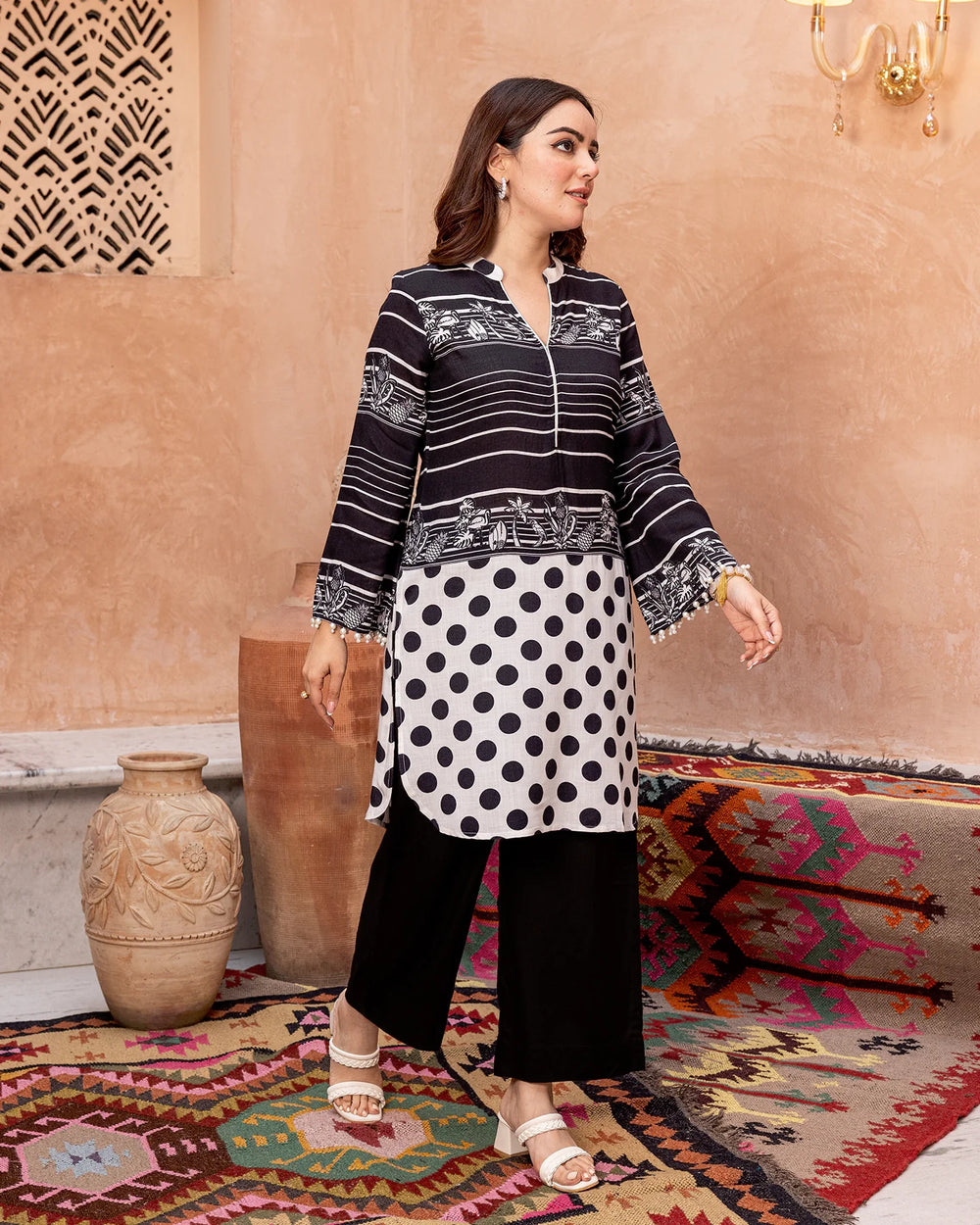 Black-Rayon-Stripe-&-Polka-2-Piece-Kurta-Set