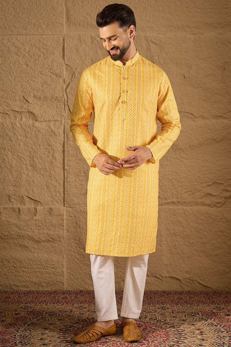 Mens Yellow Silk Blend Geometric Embroidered Straight Kurta with Trouser