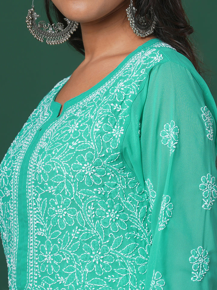 Sea Green Georgette Lucknow Chikan Kurta Only