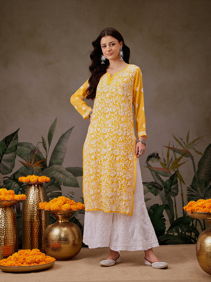 Amber Georgette Chikan Straight Long Kurta