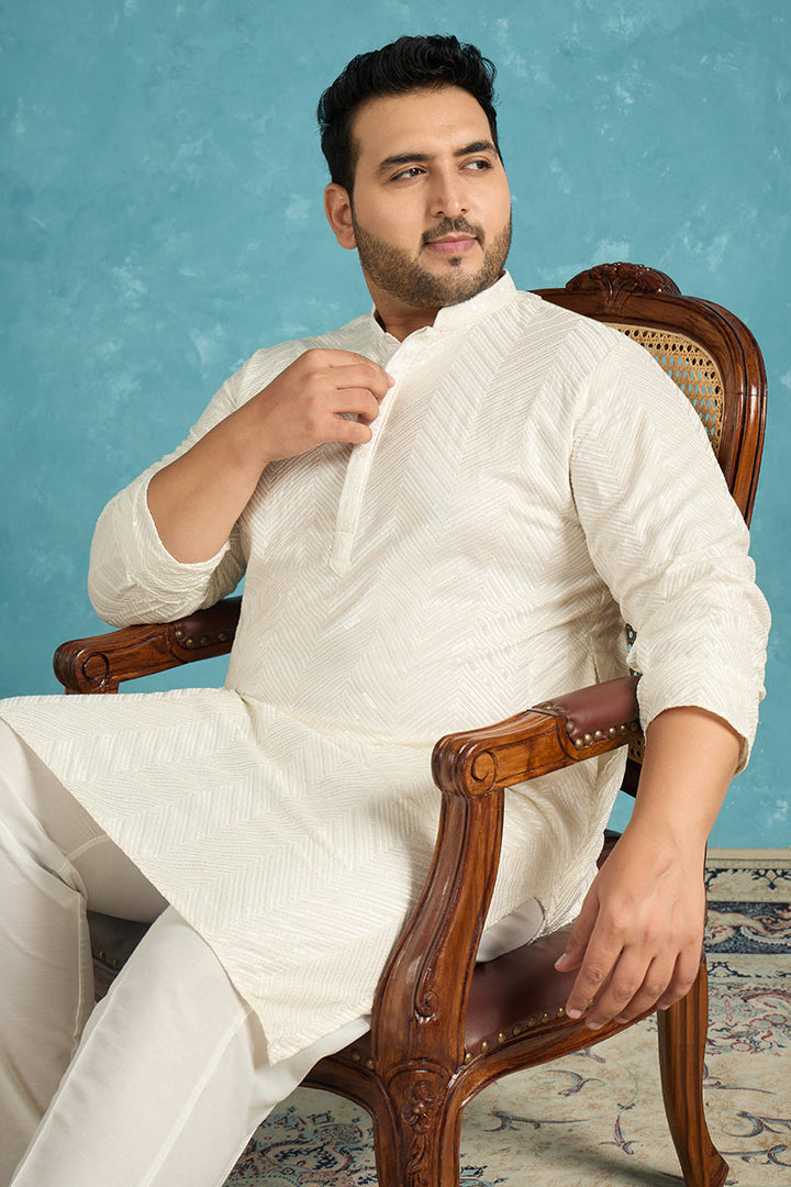 Mens Off White Viscose Rayon Solid Sequins Embroidered Kurta